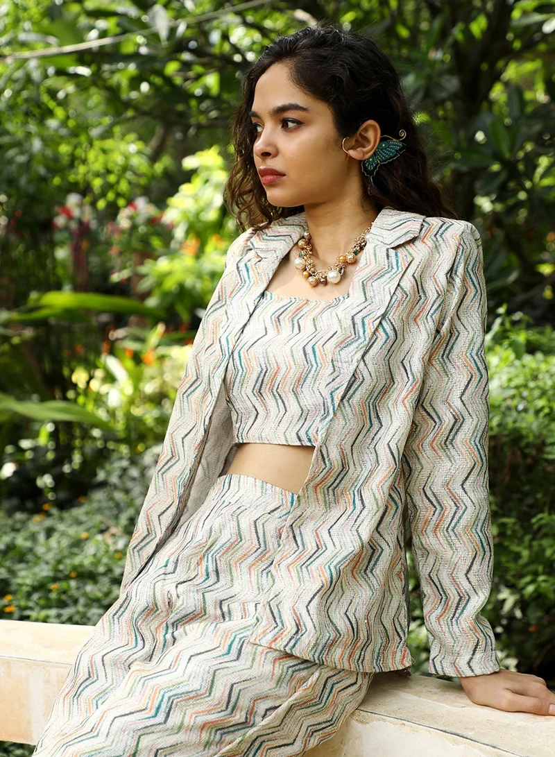 Qissa  Women's Sage Green Zig-Zag Pantsuit For Casual Wear | Spagetti Straps | Long Sleeve | 3 Piece Pantsuit Designed With Comfort Fit For Everyday Ethnic Wear for Women | Best Price UAE